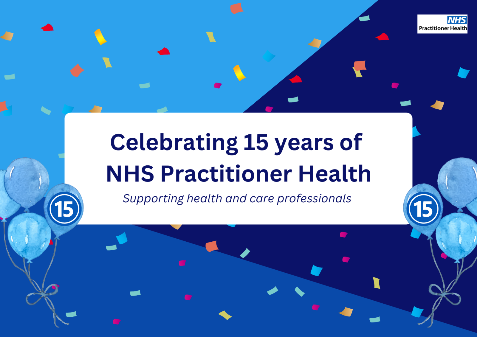 Image reads "Celebrating 15 years of NHS Practitioner Health supporting health and care professionals