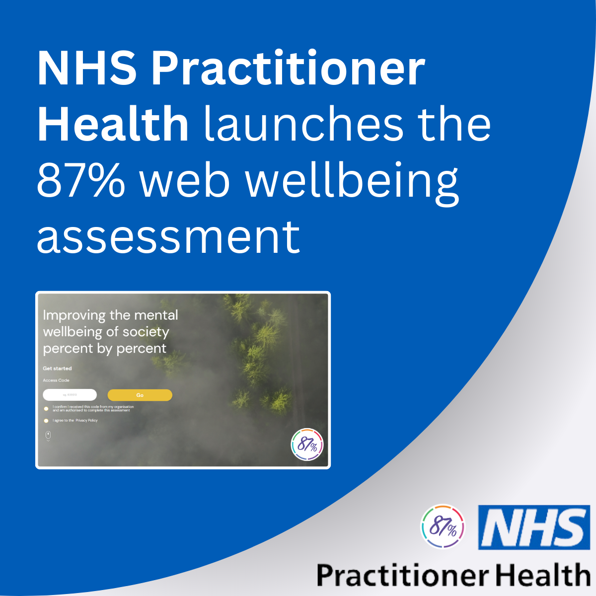 Image shows banner which reads practitioner health launches the 87% web wellbeing assessment with an image of the website